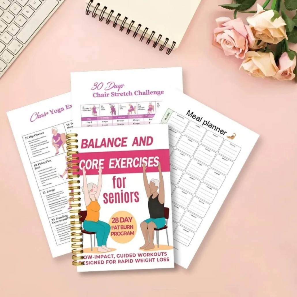 Yoga Fitness Journal - สมุดบันทึกการออกกำลังกายโยคะสำหรับผู้สูงอายุ 50 หน้า คู่มือโยคะแบบนั่ง สมุดวางแผนการออกกำลังกายเพื่อความยืดหยุ่นและการฝึกสมดุล
