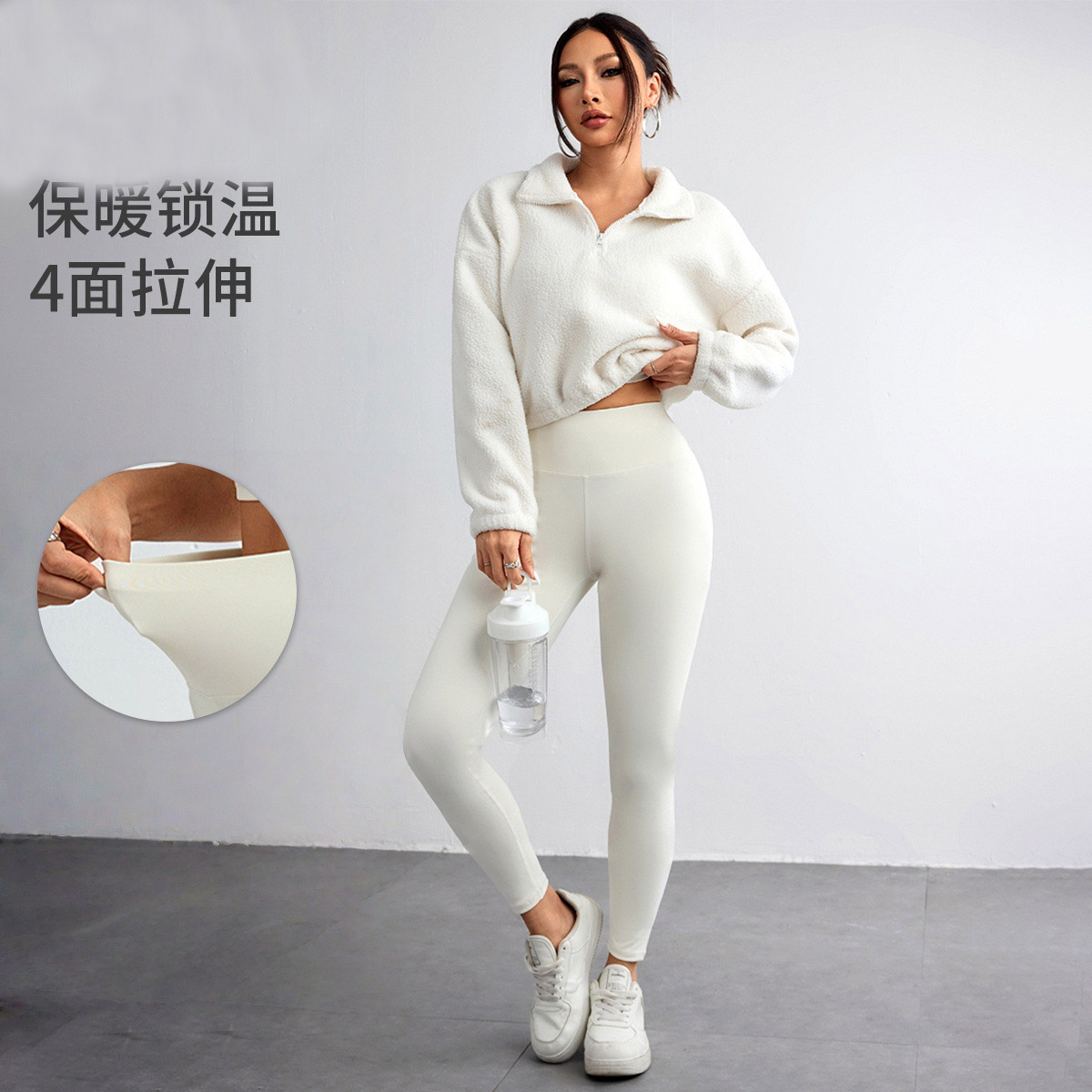 Yoga Fitness Hoodie - ชุดโยคะสีพื้นผ้าสเตรชสำหรับฤดูใบไม้ร่วงและฤดูหนาว พร้อมเสื้อฮู้ดซิปครึ่งตัวบุขน ชุดออกกำลังกายสามชิ้น
