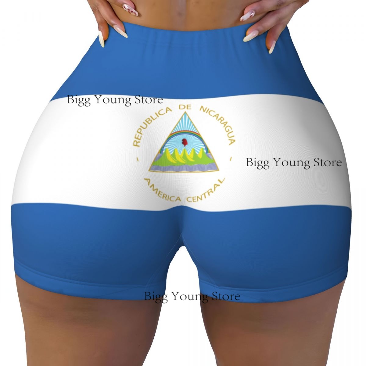 Yoga Fitness Nicaragua - กางเกงขาสั้นโยคะผู้หญิงลายธงชาตินิการากัว ทรงยกกระชับสะโพก สวมใส่สบาย เหมาะสำหรับออกกำลังกาย ฟิตเนส และเทรนนิ่ง